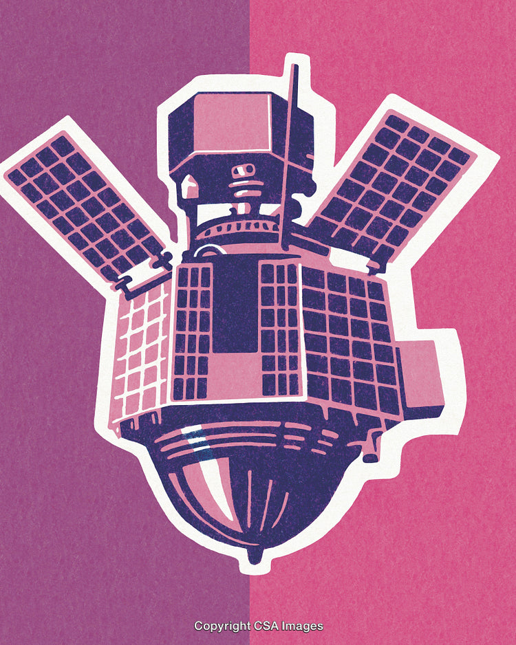 Stylish Retro Satellite Illustration with Vibrant Pink Background