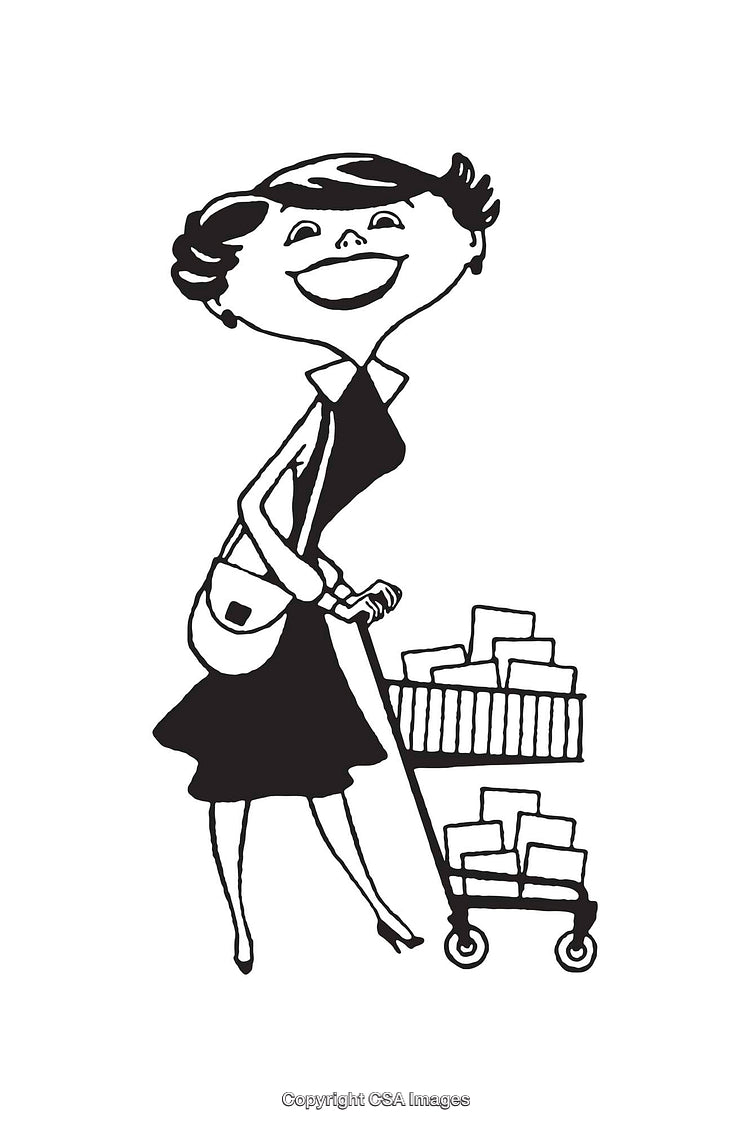 Black and White Retro Line Art of Woman Shopping with Cart