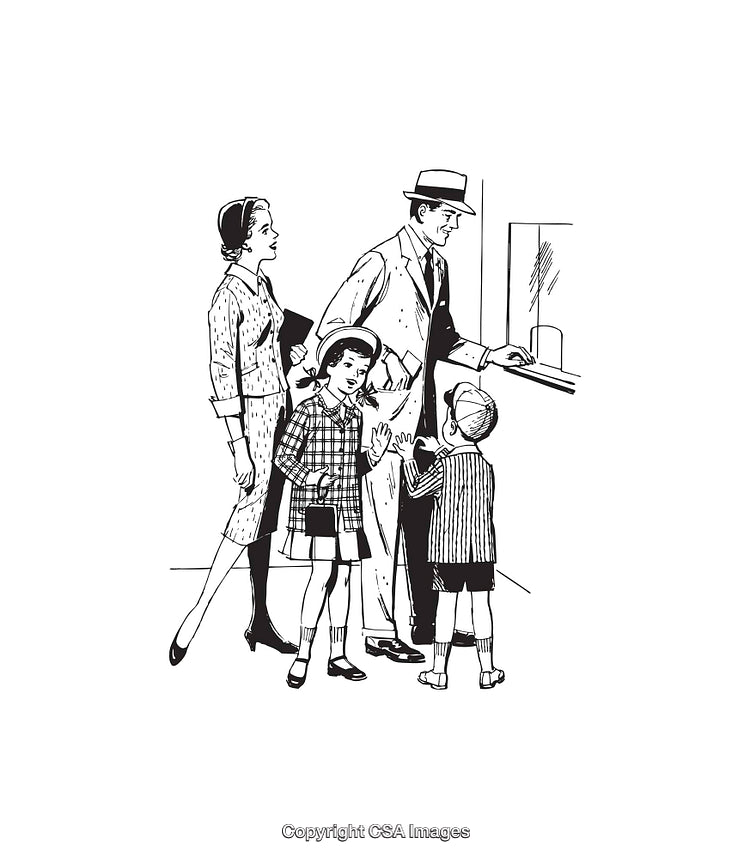 Vintage Line Art of a Family Visiting a Ticket Counter Scene