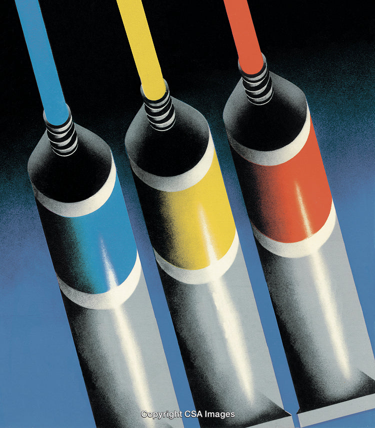Three Paint Tubes in Blue, Yellow, and Red on Blue Background