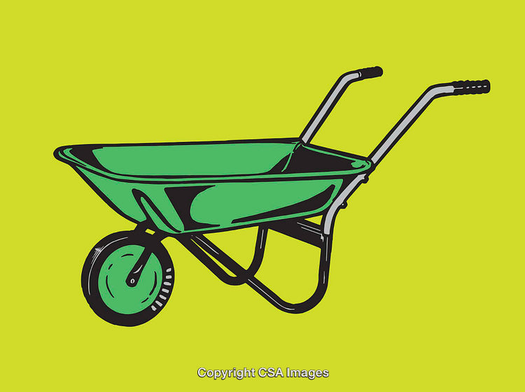 Green Wheelbarrow Illustration with Yellow Background in Minimal Color Art Style