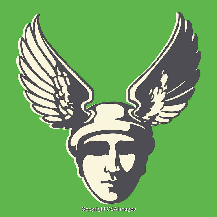 Retro Line Art of Winged Head Symbol on Green Background