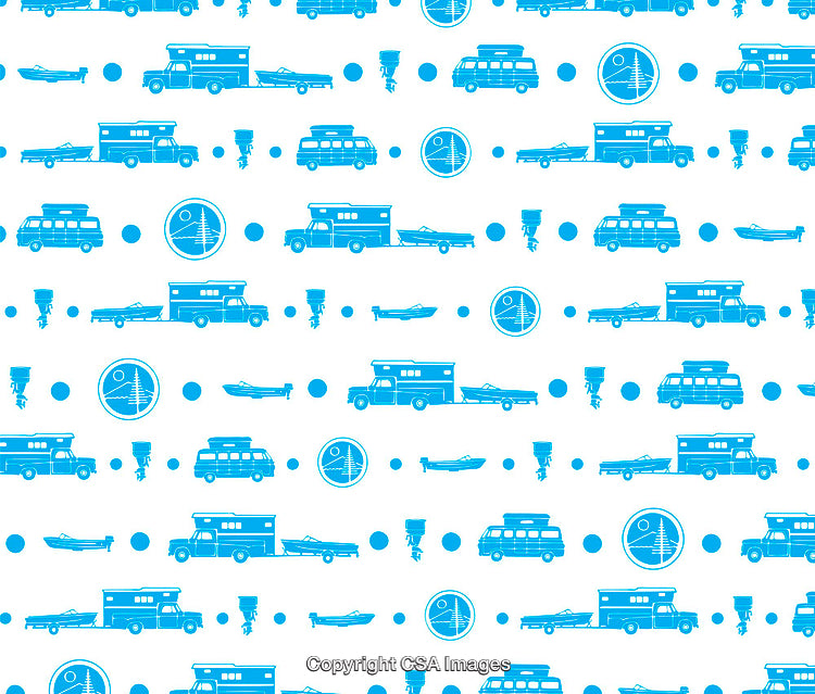 Camping Themed Pattern Featuring Vehicles, Boats, and Outdoor Elements in Blue