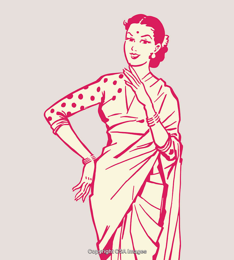 Vintage Style Illustration of Woman Wearing Traditional Indian Attire