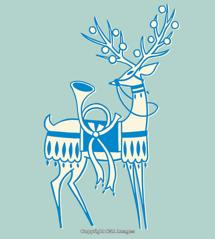 Festive Blue Deer Illustration With Horn and Decorative Accents
