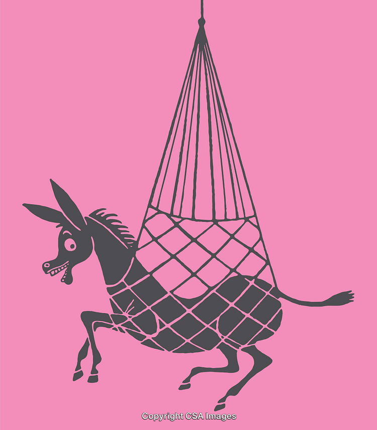 Humorous Illustration of a Donkey Caught in a Net on a Pink Background