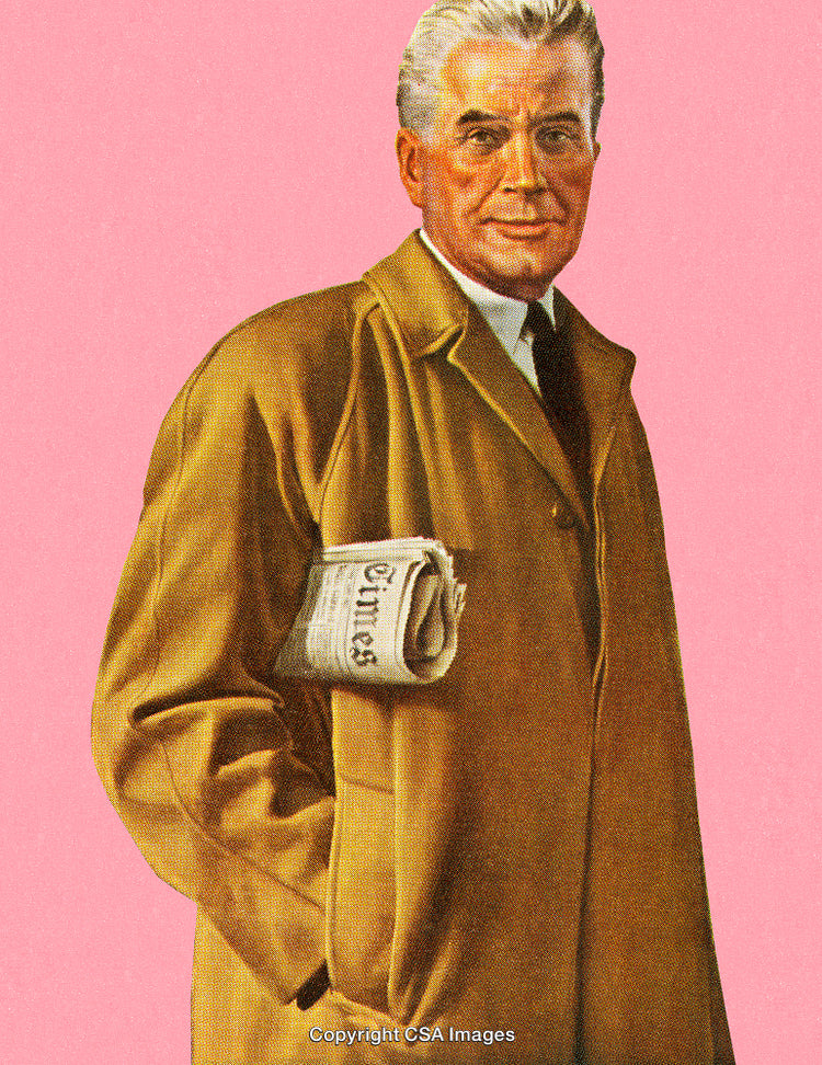 Elegant Gentleman Holding Newspaper on Pink Background