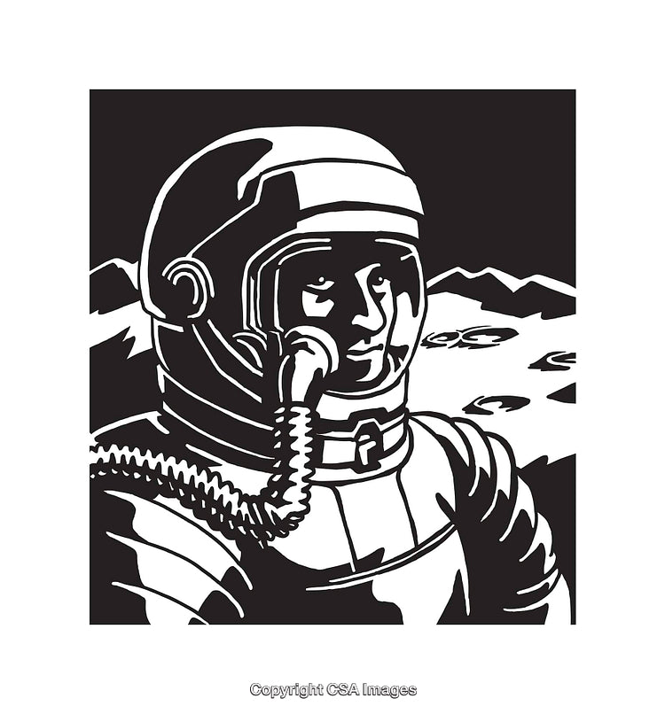 Black and White Illustration of an Astronaut Exploring an Alien Surface with Mountains
