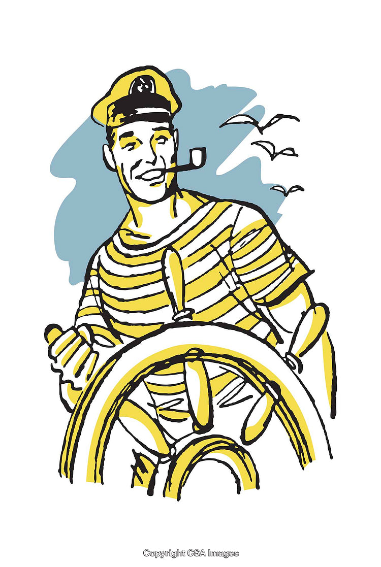 Colorful Illustration of a Sailor Steering a Ship Wheel in Action