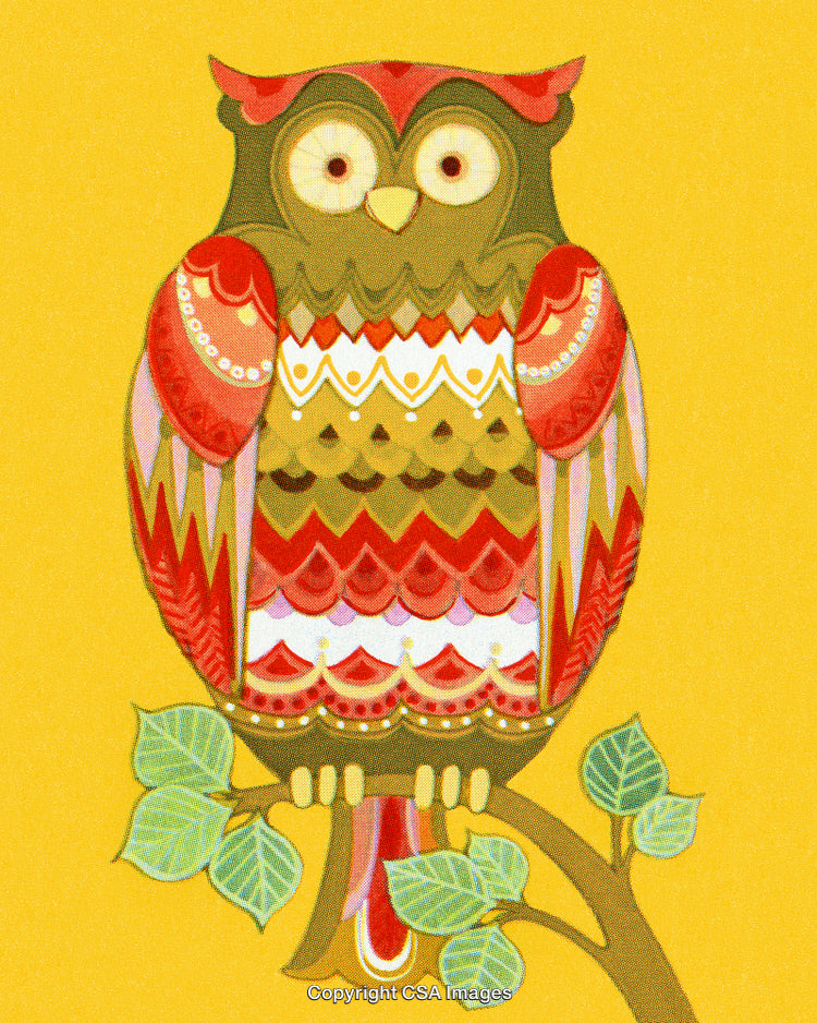Colorful Decorative Owl Artwork on Vibrant Yellow Background