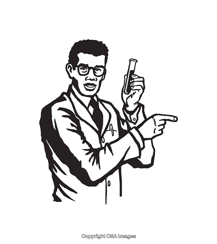 Black and White Drawing of Scientist Holding Test Tube and Pointing