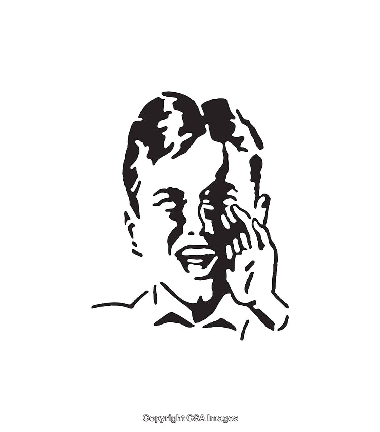 Black and White Line Art of Smiling Person Shouting Cheerfully