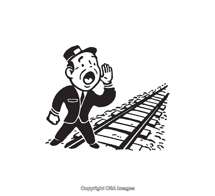 Vintage Illustrated Railway Worker Shouting Near Train Tracks