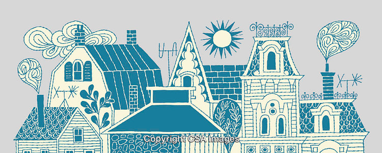 Whimsical Hand-Drawn Color Line Art Illustration of Unique Houses and Details