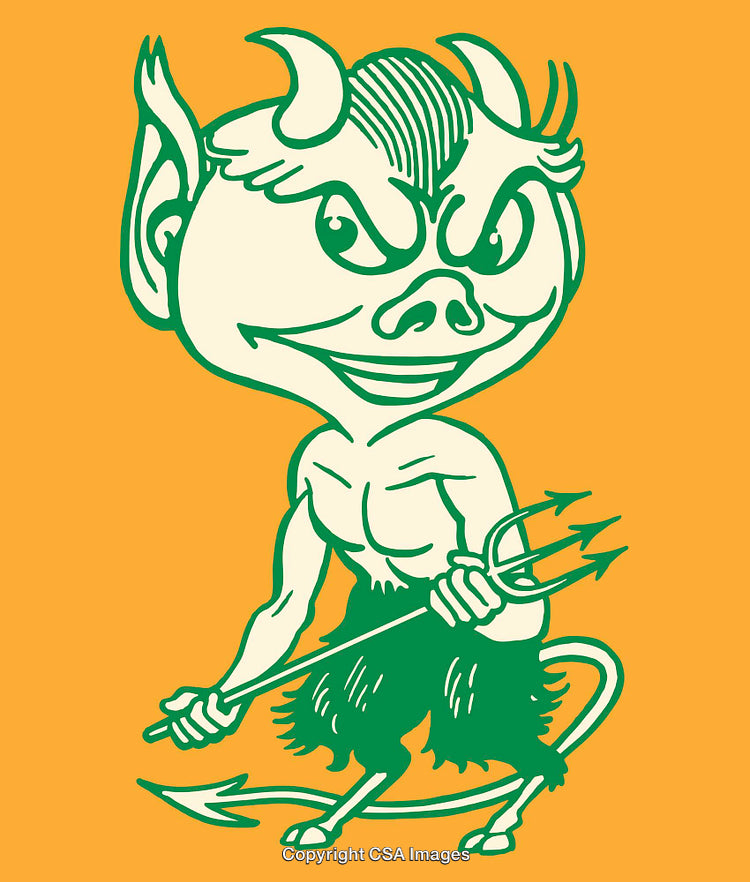 Playful Cartoon Devil Illustration Featuring Pitchfork and Goat-Like Features