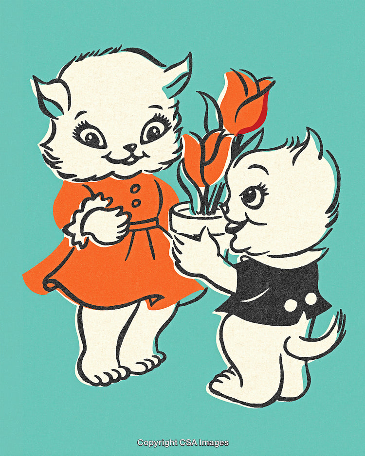 Adorable Cartoon Cats Sharing a Tulip Gift in Vintage Artwork