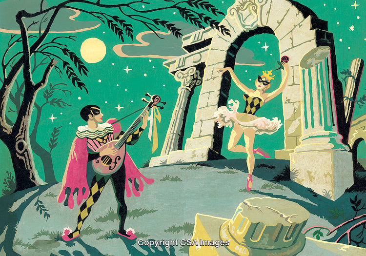 Painted Scene of Performer and Dancer in a Moonlit Ruined Garden