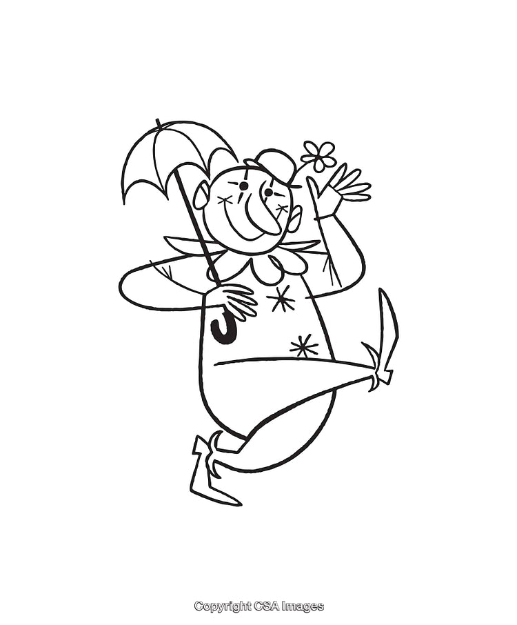 Playful Black and White Clown Illustration Holding Umbrella and Flower