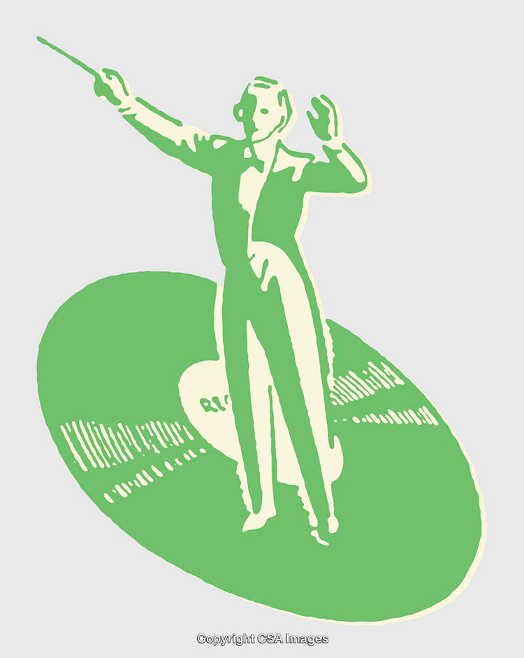 Green Illustration of a Conductor Standing on a Record