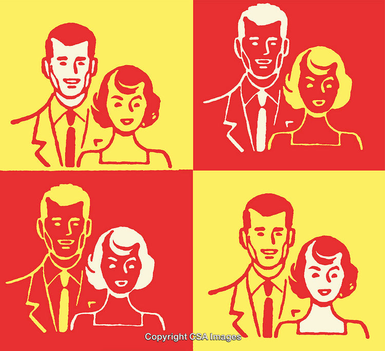 Colorful Pop Art Style Illustration of a Smiling Couple in Retro Design