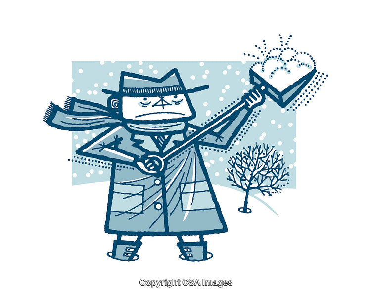 Cartoon Character Shoveling Snow During a Winter Snowstorm Illustration