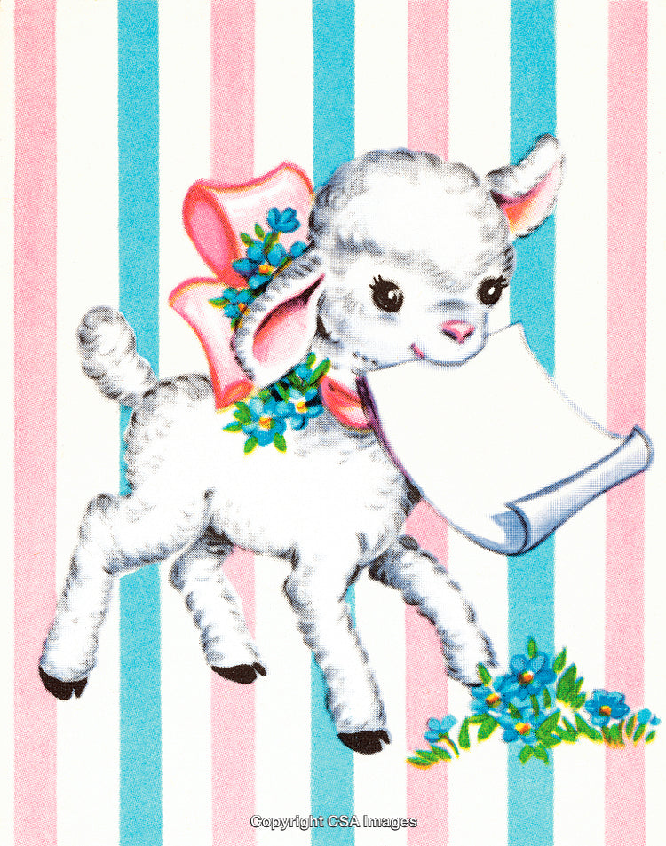 Cute Lamb Illustration With Flowers and Striped Pastel Background