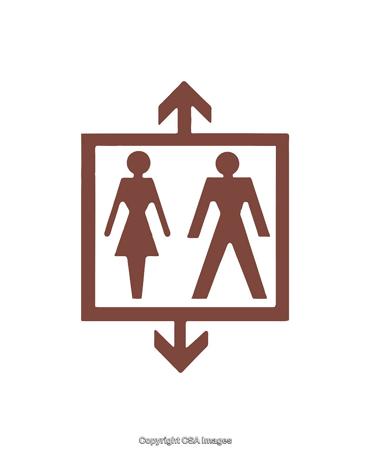 Elevator Icon with Up and Down Arrows Featuring Male and Female Figures
