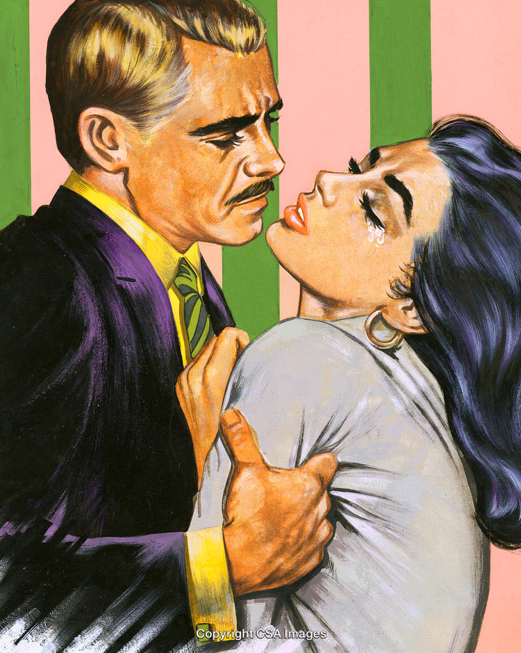 Dramatic Artwork of a Man Holding a Tearful Woman in Retro Style