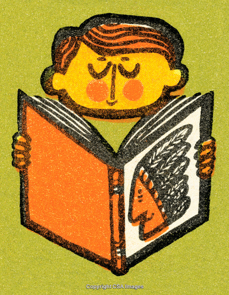Colorful Illustration of a Child Reading a Book with Detailed Imagery