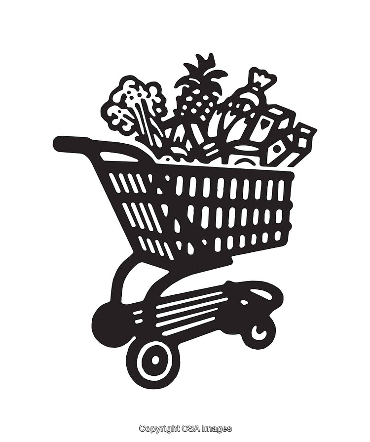 Shopping Cart Filled With Groceries Black and White Line Art Illustration