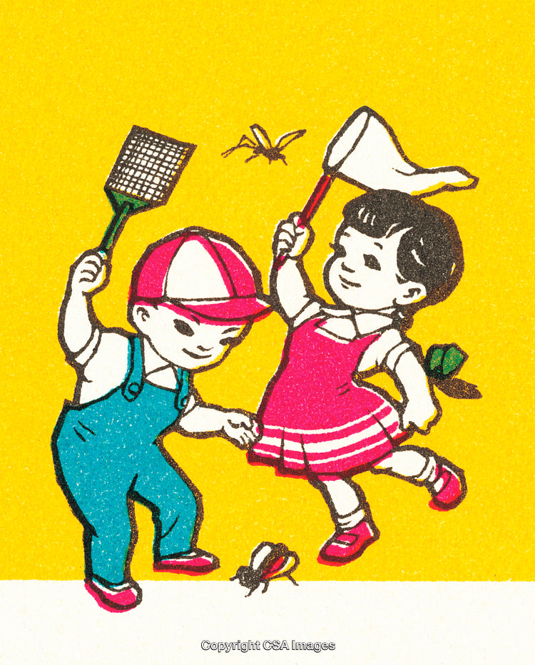 Children Capturing Bugs with Nets and Swatters in a Fun Illustration
