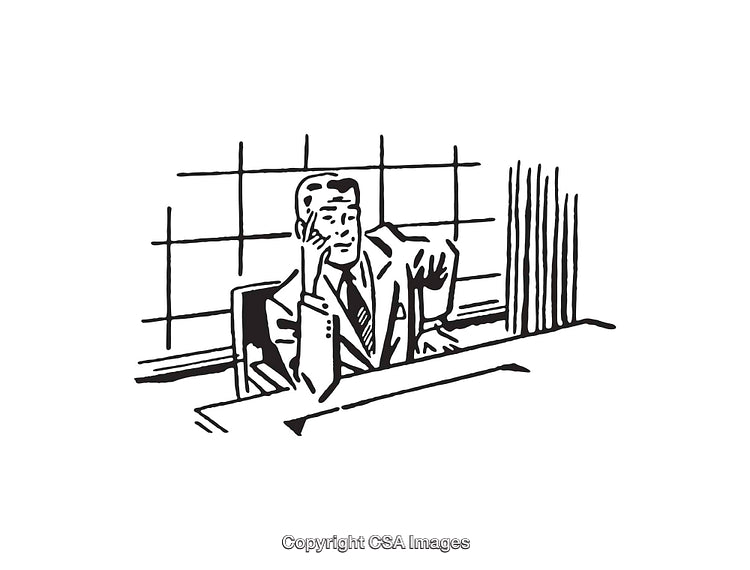 Black and White Illustration of a Businessman Sitting at a Desk