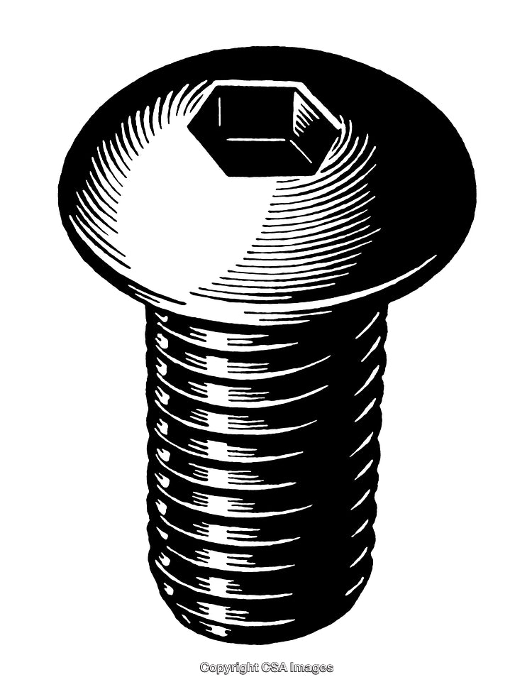Detailed Black and White Engraving of a Hexagonal Bolt