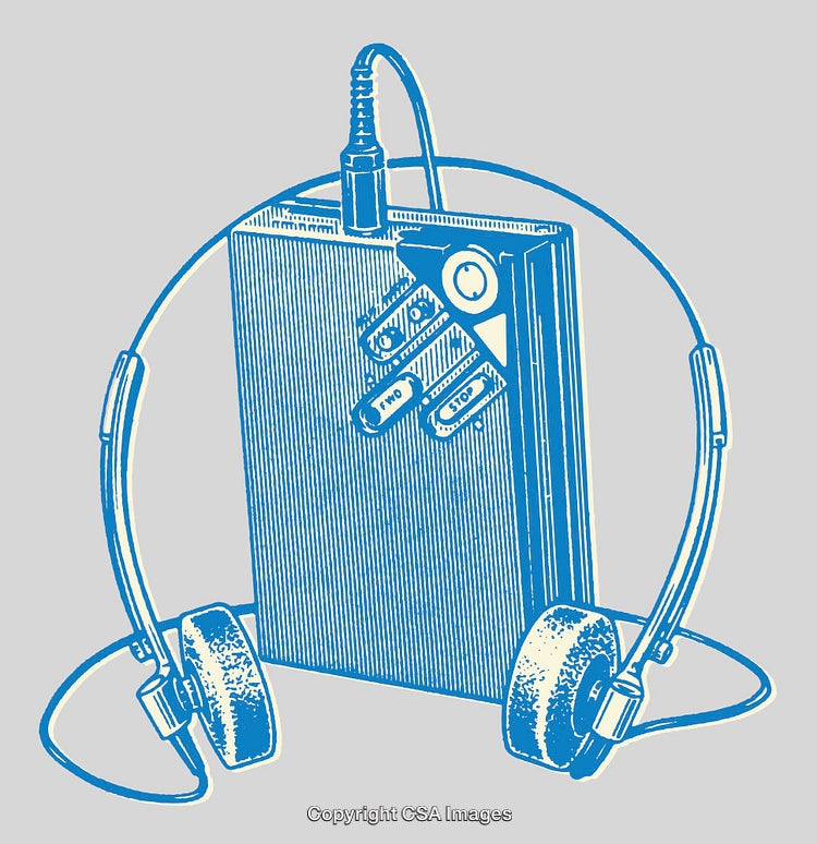 Blue Line Art Illustration of a Retro Headset and Music Player