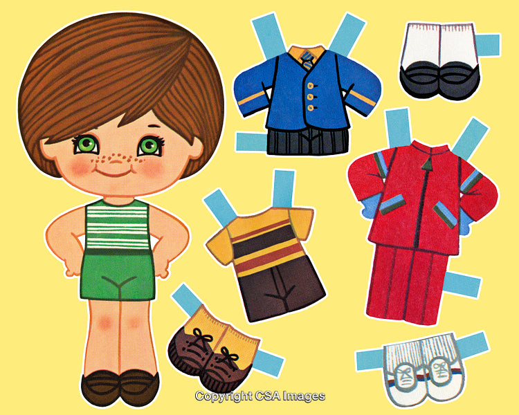 Colorful Paper Doll with Interchangeable Outfits and Shoes on Yellow Background