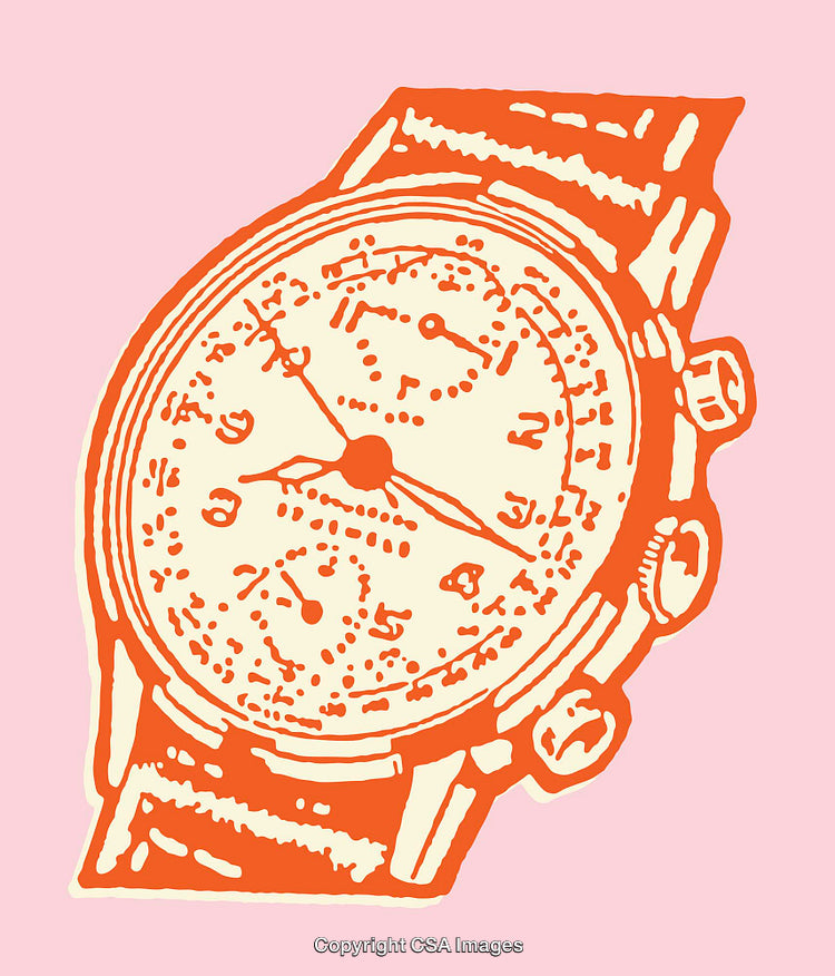 Illustration of Vintage Watch with Bold Orange and Pink Color Palette