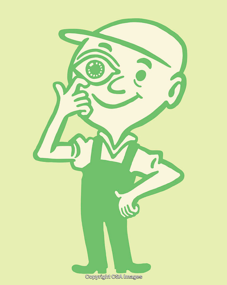 Playful Cartoon Character Holding a Hand to Eye in Green Line Art