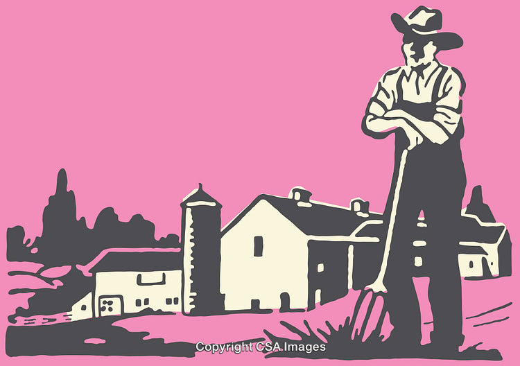 Retro Style Farmer Illustration Featuring Rural Landscape in Line Art