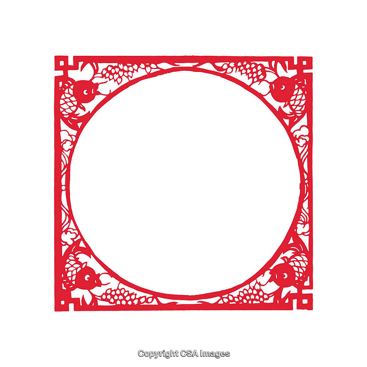 Ornamental Red Paper-Cut Frame Featuring Fish and Floral Motifs in Circular Layout