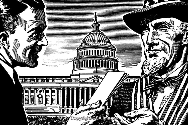 Vintage Black and White Illustration of Political Exchange Near the Capitol