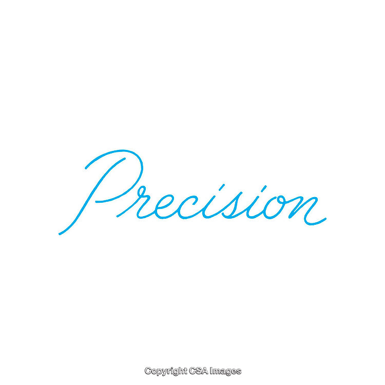 Blue Cursive Text Design Reading Precision on White Background