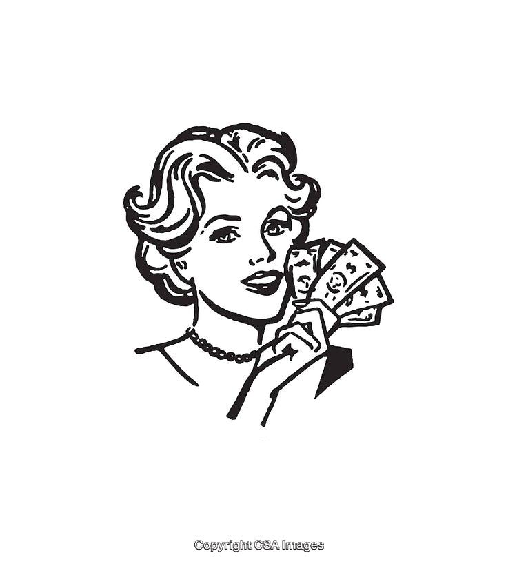 Retro Line Art of Woman Holding Money With Stylish Expression