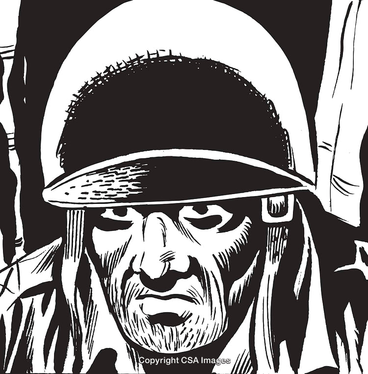 Illustrated Soldier in Helmet in Black and White Graphic Style