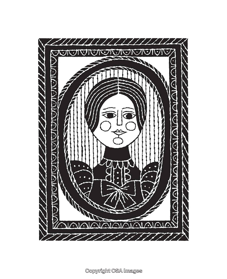 Vintage Line Art Illustration of Framed Portrait in Black and White