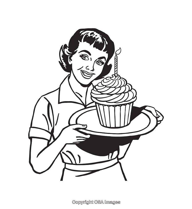Retro Black and White Line Art of Woman with Birthday Cupcake