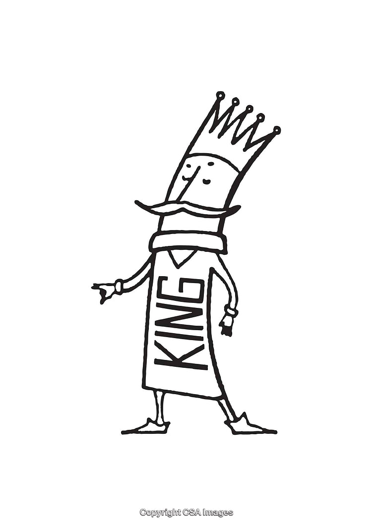 Amusing Black and White Line Drawing of Cheerful King Character
