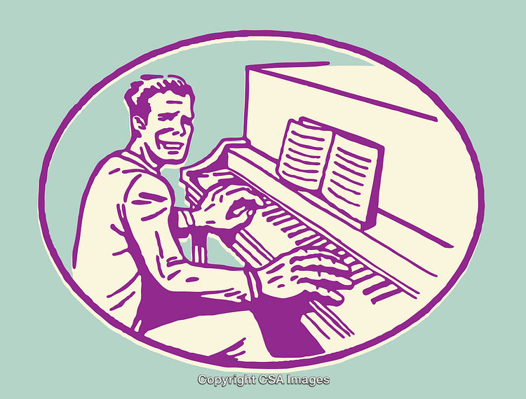Smiling Man Playing Piano with Sheet Music in Color Line Art Style