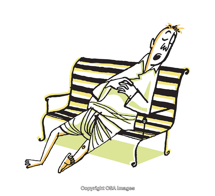 Cartoon Illustration of a Relaxed Man Asleep on a Park Bench