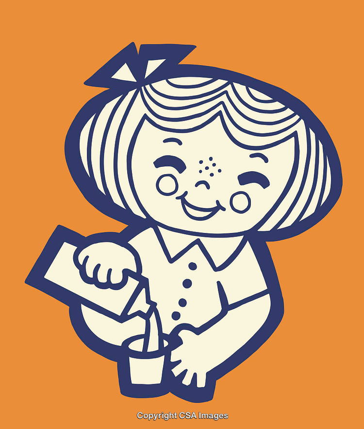 Retro Styled Illustration of Happy Girl Pouring a Drink on Orange Background