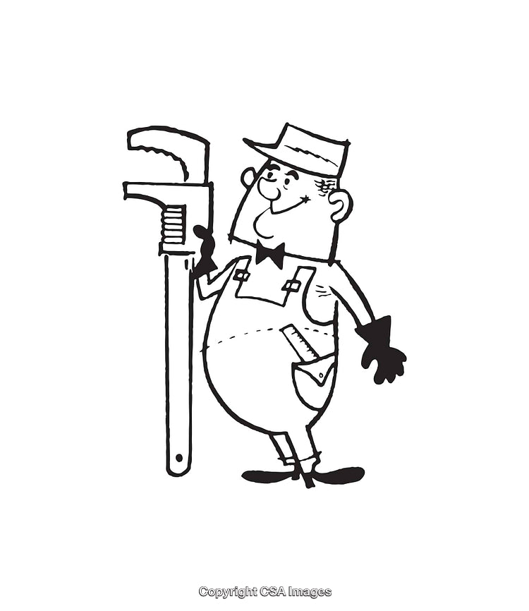 Vintage Line Art Illustration of a Worker Holding a Large Wrench